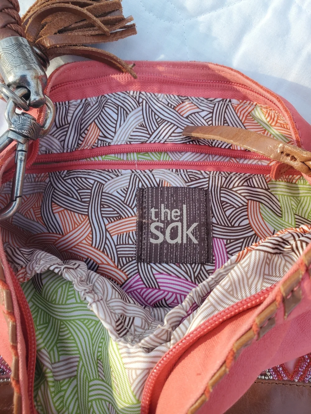 The Sak Coral and Brown Women's Leather Bag with Beaded Accent - Picture 6 of 10